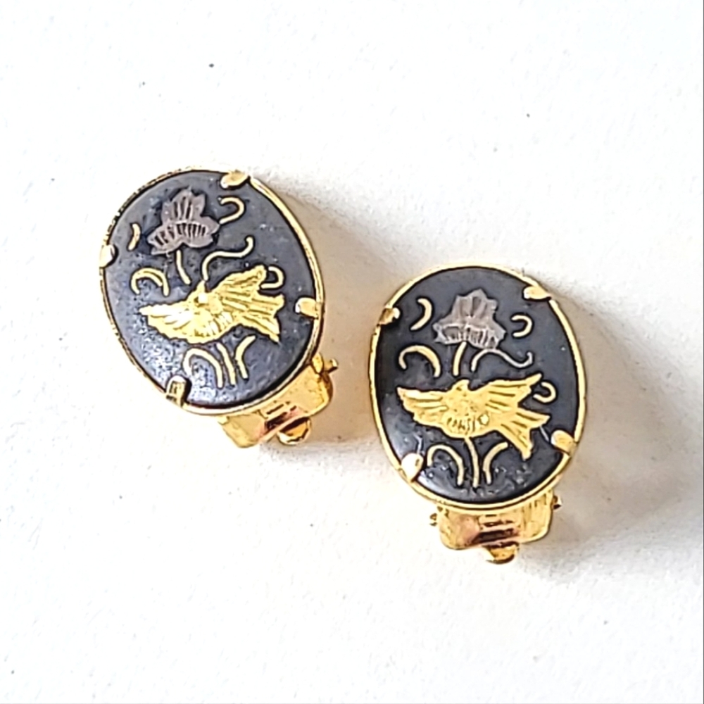 DAMASCENE BIRD & FLORAL MOTIF CLIP-ON EARRINGS